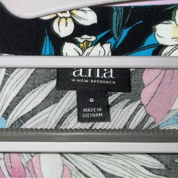 Ana Size 8 Midi Dress Black w Colorful Tropical Floral Print Ruffle Casual - Picture 5 of 9